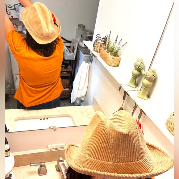 1960’s Golden Brown Corduroy Fedora with Feathers &. Embellished Glass Button - Picture 3 of 9